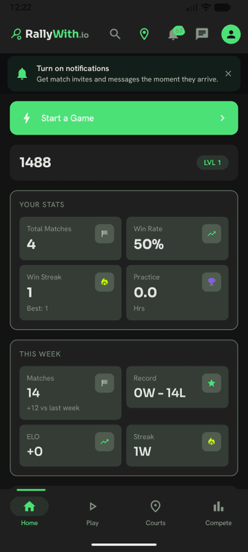 RallyWith Android home screen showing your rating and stats