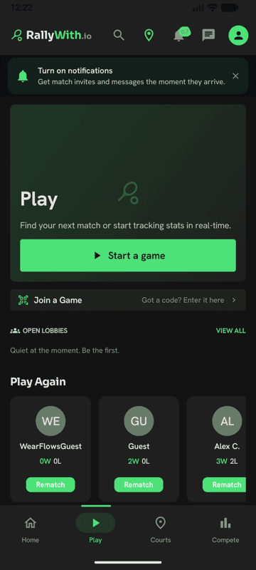 RallyWith on Android showing games to join