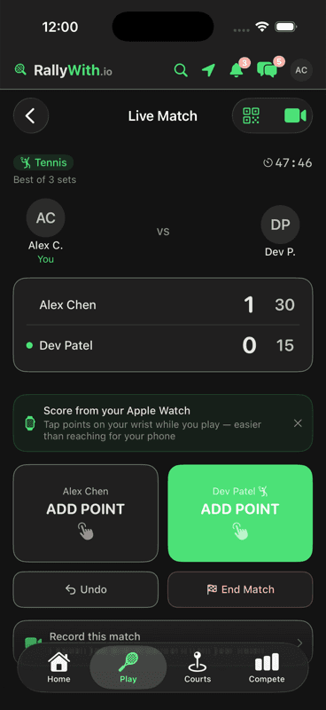 RallyWith on iPhone showing a live tennis match at 1–0, 30–15