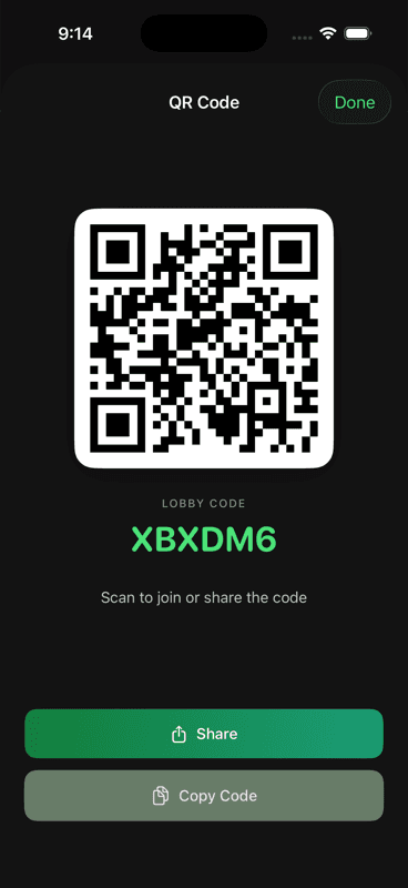 RallyWith game lobby on iPhone with a shareable QR code and join code