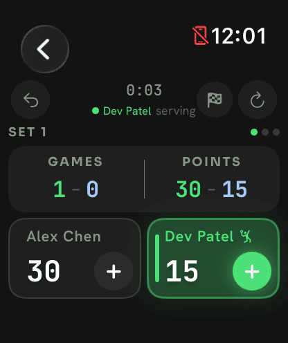 Apple Watch showing the same live match at 1–0, 30–15