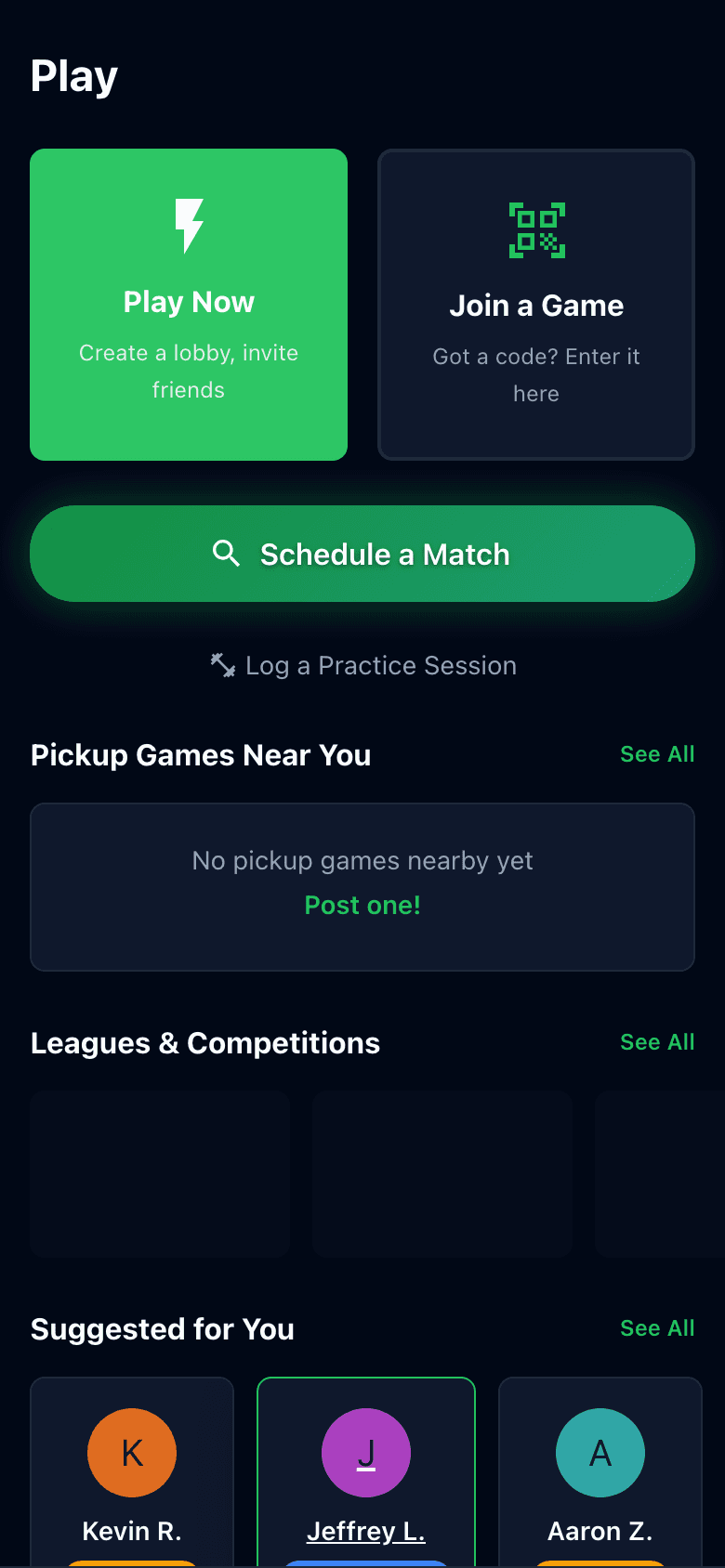 Play hub with sport selection and lobby creation