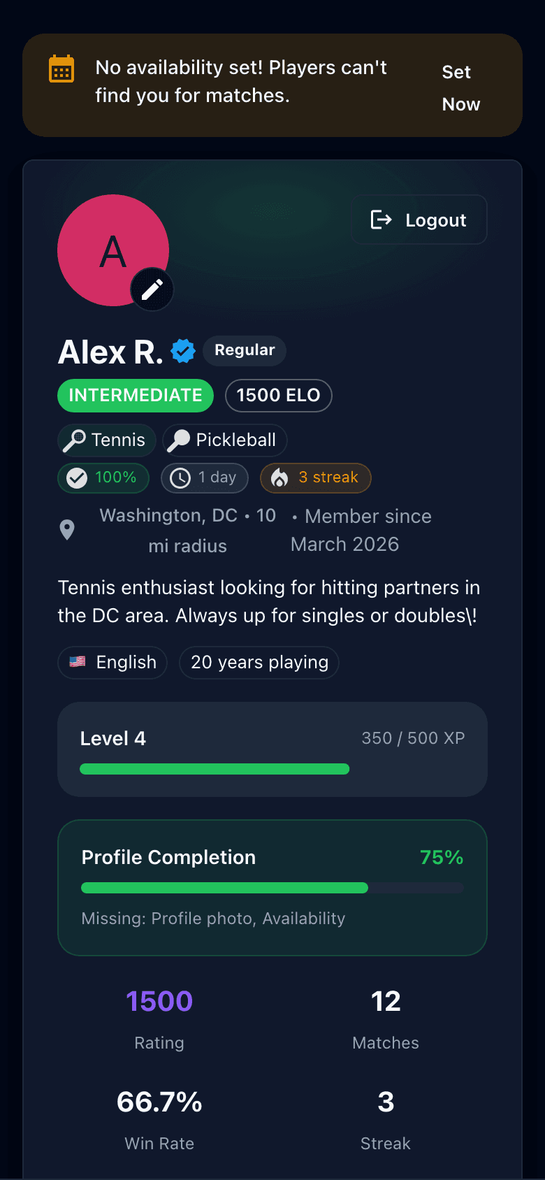 Player profile with ELO rating and match stats
